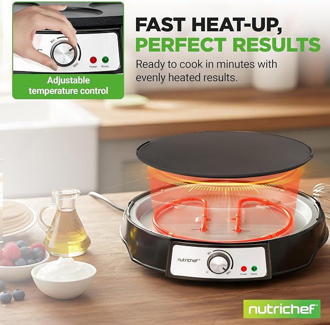 Electric Crepe Maker & Griddle Cooktop | Nonstick Reversible 12 Inch Hot Plate with LED Indicator Lights & Adjustable Temperature Control | Wooden Spatula & Batter Spreader NutriChef Included