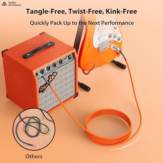AA AUDIO ACCESSORY Guitar Cable 10 ft, Nylon Braided Anti-Kinking Kevlar-Reinforced, 20AWG 99.99% OFC 1/4 Instrument Cable, Dual Shielded Amp Cord for Fender Electric Guitar,Neon Orange