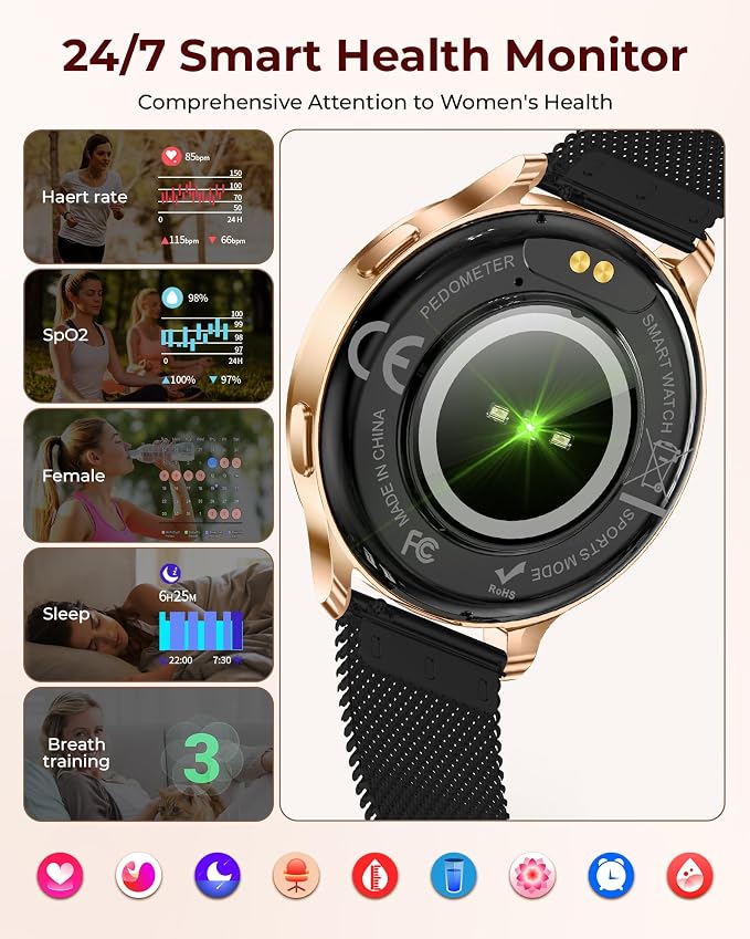 Smart Watch for Women, 1.27" HD Fitness Tracker with 4 Bands & Necklace Gift Set, Heart Rate SpO2 Sleep Monitor, 120+ Sport Modes, Call & Notifications, Smartwatch for Android iPhone, 40mm Black Gold