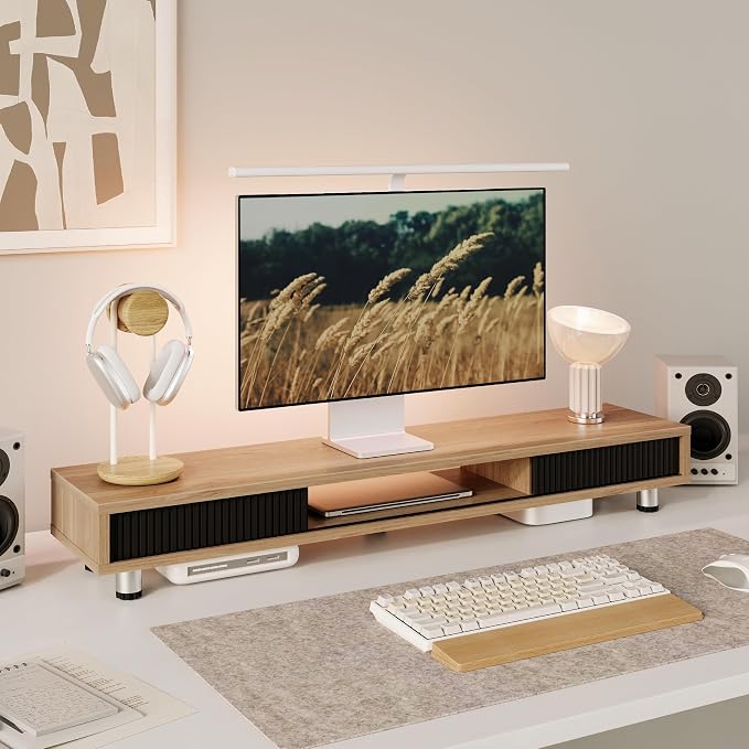 Fenge Dual Monitor Stand, 42.5inch Long Monitor Stands Riser for 2 Monitors, Glass Sliding Door with Storage Organizer Stand for Desk, 2 Tier Desk Shelf for Laptop, Pc, Printer, Computer, TV