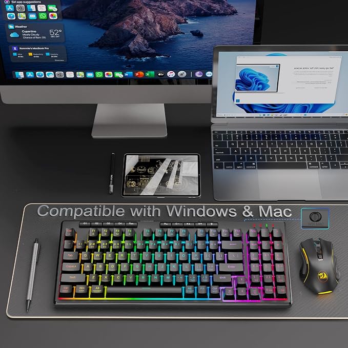 Redragon K517 Pro Wireless Gaming Keyboard, RGB Backlit, Tri-Mode BT/2.4GHz/USB-C, Mechanical Feel 94 Keys Computer Keyboard with 4 Macro Keys, Number Pad, 4000mAh Battery for Win/MAC