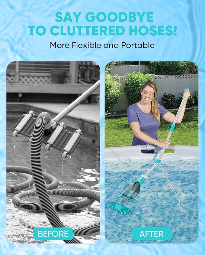 Cordless Pool Vacuum with Telescopic Pole, 18.5 GPM Powerful Suction, 1.5H Supercharge Technology, Handheld Pool Vacuum Cleaner for Above Ground/Inground Pools, Hot Tubs, Green