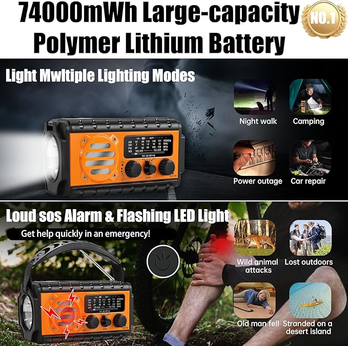 QAUYYW 74000mWh Emergency Radio with NOAA Weather, Portable Hand Crank SW/AM/FM Survival Radio with Fast Charge Rechargeable Solar Battery, Flashlight, Reading Lamp,SOS Sirenor Home Outdoor