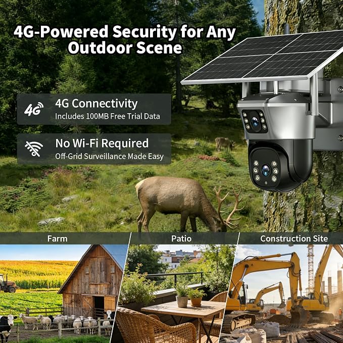 4G Solar Security Camera, 2K Dual-Lens Outdoor Camera Wireless with Human Detection, Two-Way Audio & Color Night Vision, 10400mAh Battery Powered Cameras, Cloud & SD Storage, Compatible with Alexa
