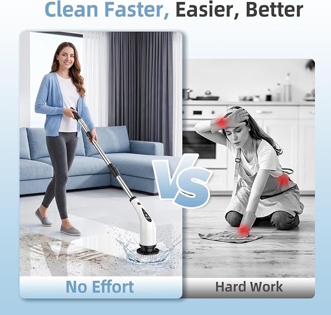 Electric Spin Scrubber, 3-Speed Cordless Cleaning Brush with 8 Brush Heads & Base, IPX7 Waterproof, Adjustable Long Handle, Digital Display, 2500mAh Fast Charging, for Bathroom, Tub, Tile, Floor