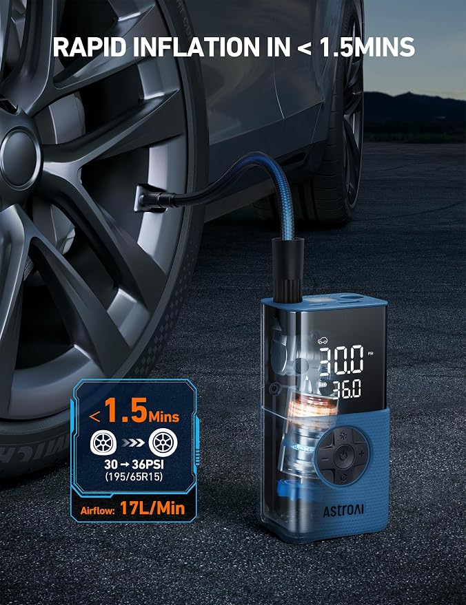 AstroAI L7S Tire Inflator Portable Air Compressor Cordless with Digital Pressure Gauge, 150 PSI LED Light Bike Air Pump with Fast Inflation & Auto Shut-Off for Car Tires,Motorcycles,Bikes,Balls,Blue