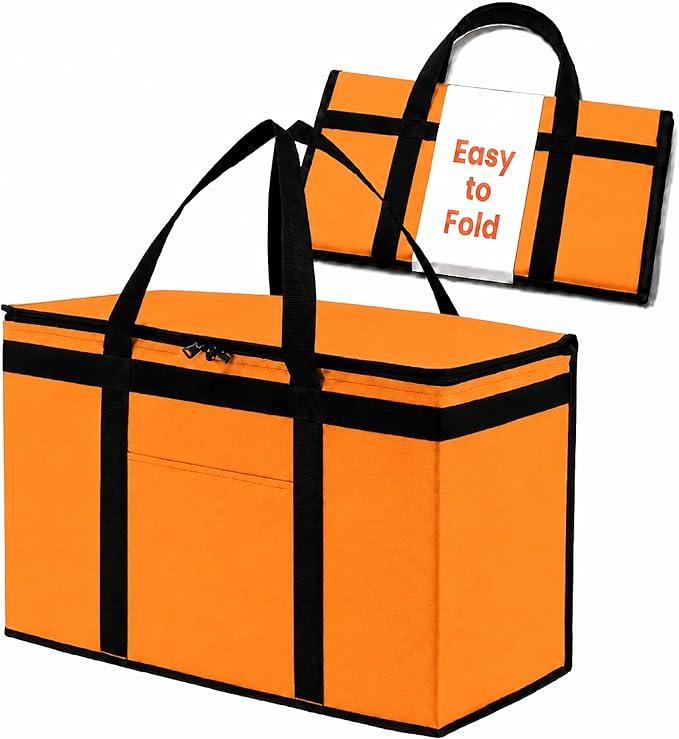 NZ home Insulated Bags for Food Delivery (2XL) Grocery Shopping Cooler Bag, Pizza Delivery, Hot & Cold Catering Tote, Reusable, Foldable & Heavy Duty (Orange)
