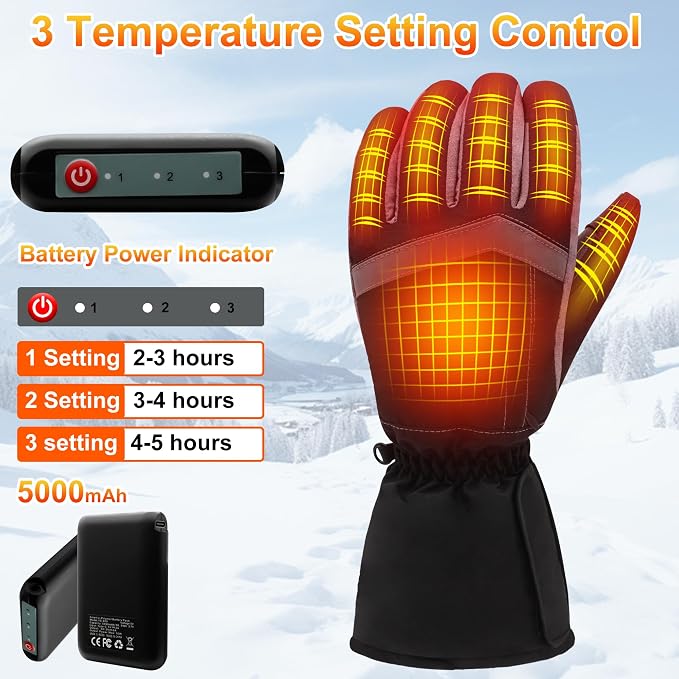 Rechargeable Heated Gloves - New Upgrade, Electric Portable Battery Hand Warmers for Men Women, Waterproof Touchscreen Cold Weather Thermal Gloves for Driving,Camping,Hunting,Outdoor Work