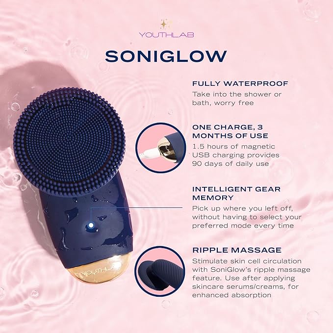 SoniGlow Silicone Face Scrubber/Facial Cleansing Brush – Electric Vibrating Skincare Scrubber Tool for Deep Pore Cleansing, Gentle Massage, Makeup Removal, Waterproof and Rechargeable (Navy)