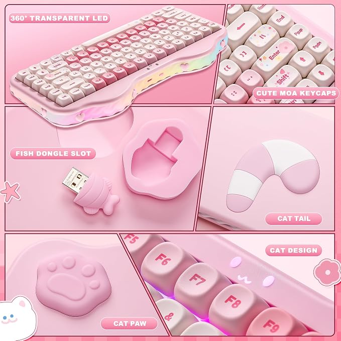 YUNZII C75 Wireless Mechanical Keyboard,75% Layout, Hot-Swappable NKRO,BT5.0/2.4G/USB-C Mode,Dye-Sub PBT MOA Keycaps,RGB Gasket Mount,Cute Cake Design for Mac/Win/Gaming (Pink, Candy Switch)