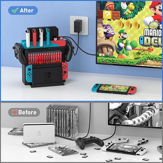 Switch Game Storage with Controller Charger for Nintendo Switch & OLED Model, Switch Charging Dock Charges 6 Joycons, Switch Gaming Accessories Holder Desk, Switch Game Gift Card Organizer (Red＆Blue)