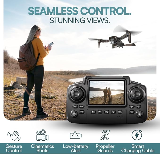 Falcon X 4K Drone with Built-In Screen Remote, Foldable FPV Quadcopter with Wide-Angle Camera, Carrying Case & 3 Batteries – Easy-to-Fly Drone for Beginners