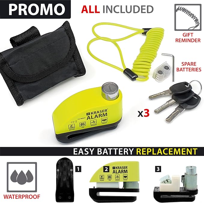 KRASER WA6Y Alarm Disc Lock, Reinforced Disc Brake Lock with 3 keys (others 2), Heavy Duty Anti-Theft Motorcycle Lock with Alarm,110dB, Weather-Resistant, Reminder Cable, Pouch, Motorbike Moped E-Bike