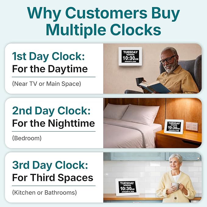 American Lifetime New 2026 Dementia Clock Large Digital Clock for Seniors, Large Display with Custom Alarms, Calendar Clock with Day & Date for Elderly, Clear Numbers Alzheimer Digital Clock White