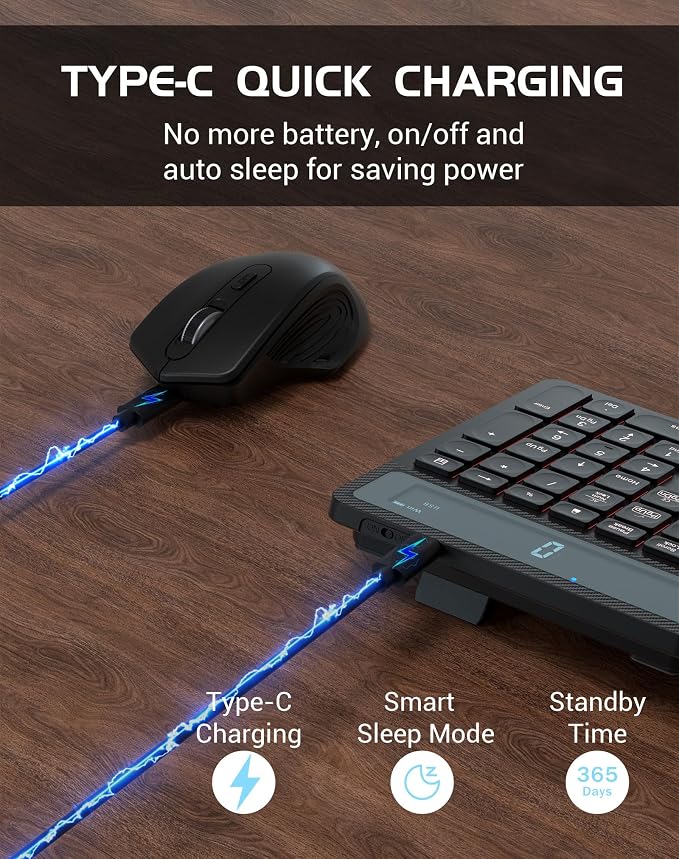 Wireless Keyboard Mouse Combo, Full Size Quiet Ergonomic Keyboard with Calculator, Backlit, Wrist Rest, Phone Holder, 2.4Ghz Silent Rechargeable Keyboard & Mouse for Laptop, PC, Windows (Black)