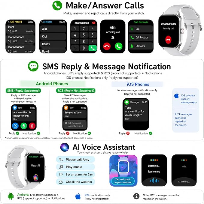 Smart Watch, GPS & Free Maps, 1.96" HD Screen, AI, Bluetooth Call & Text, Health, Fitness & 24/7 Sleep Tracker, 100+ Workout Modes, 5 ATM Water-Resistance, for Men & Women, Android & iOS, 2 Bands