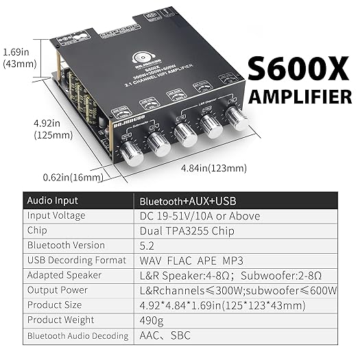 DAJUNGUO S600X 2.1 Channel Amplifier Board 300W+300W+600W Power Output,TPA3255 Chip,Bluetooth 5.2,Black
