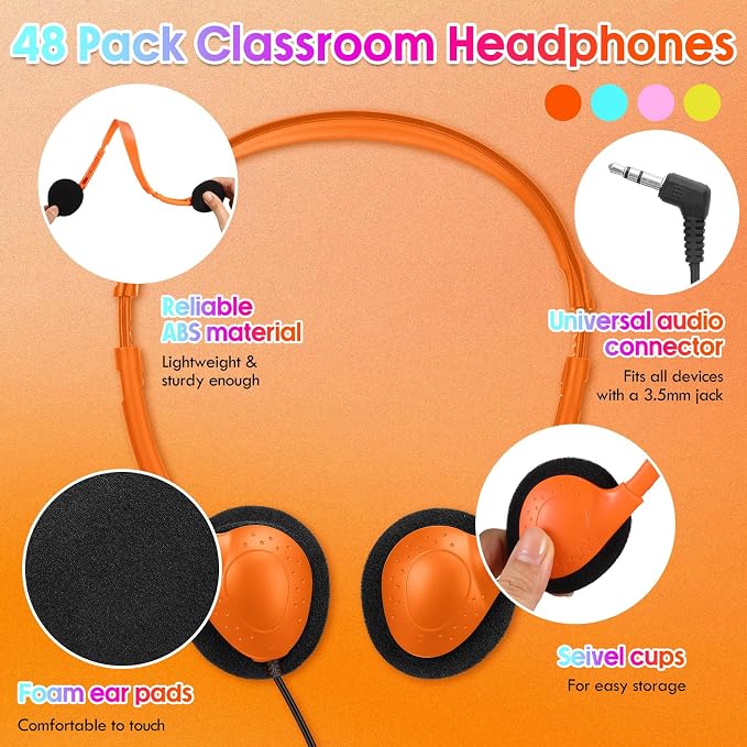 Frienda 48 Pack Classroom Headphones Bulk, Wired School Headsets for Students, Stereo Headphones with 3.5 mm Plug for Classroom, Online Learning, Library(Classic,Blue, Orange, Pink, Yellow)