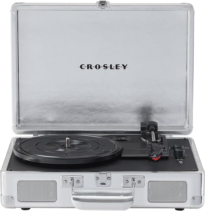 Crosley CR8005F-SI Cruiser Plus Vintage 3-Speed Bluetooth in/Out Suitcase Vinyl Record Player Turntable with Built-in Speakers, Silver