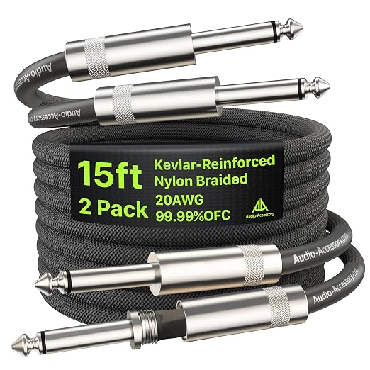 AA AUDIO ACCESSORY Guitar Cable 15 ft 2 Pack, Kevlar-Reinforced 20AWG 99.99% OFC, 10X Heavy-Duty Nylon Braided, Heat-Shrink Protected 1/4 Instrument Cable, Shielded Amp Cord for Fender Electric Guitar