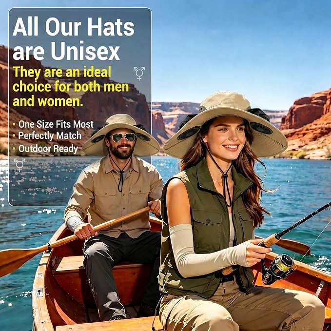 Solar Fan Hat with 2 Fans - Khaki Wide Brim Bucket Hat for Men Women, UPF 50+ Sun Hat for Fishing, Hiking