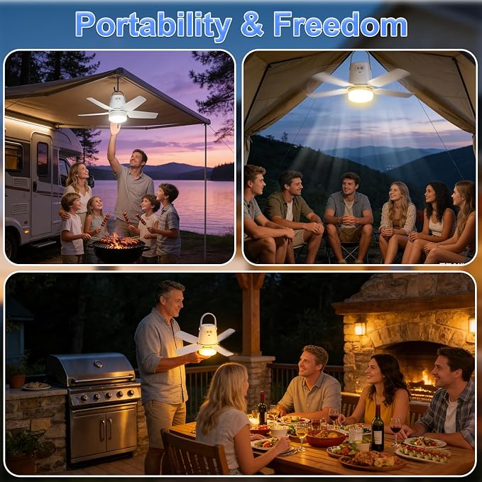 Portable Camping Fan Light, 20” 20000mAh Rechargeable Ceiling Fan with Light & Remote for Outside, Gazebo, Greenhouse, Patio, Chicken Coop, Canopy, Shed, RV, Tent - White, 4 Speed Breeze & Timer