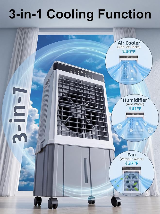 Uthfy 2026 Upgraded 3000 CFM Swamp Cooler, Evaporative Air Cooler with 6 Gal Detachable Water Tank, 3-Sided Cooling Pad, 4 Mode, 120° Oscillation, 12H Timer, Portable AC for Outdoor, Garage