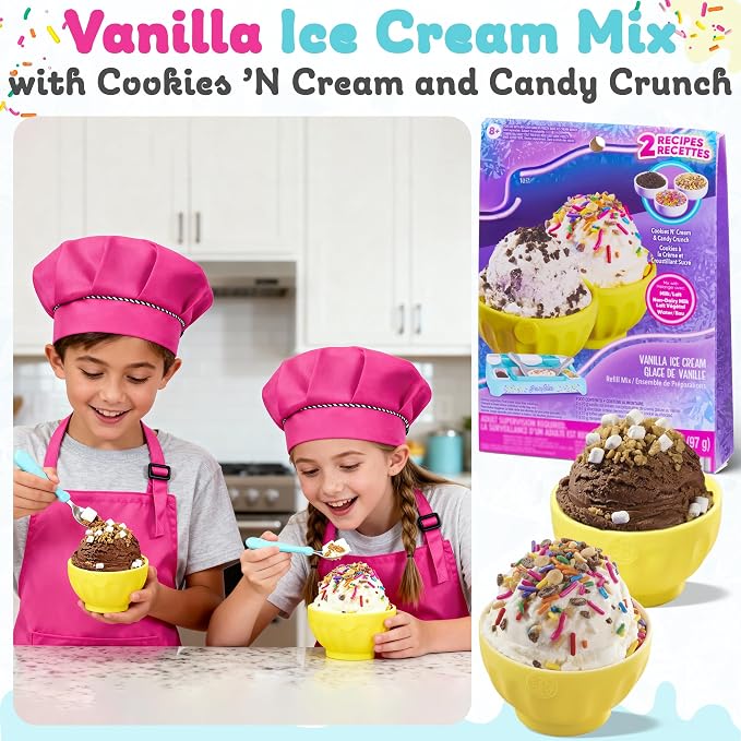 Ultimate Ice Cream Maker for Kids - Interactive Kitchen Playset for Children - Includes Freezing Tray, Bowls, Utensils, 2 Ice Cream Mixes, Apron, Hat, 9 Colorful Stickers (Heroic Hot Pink Bundle)