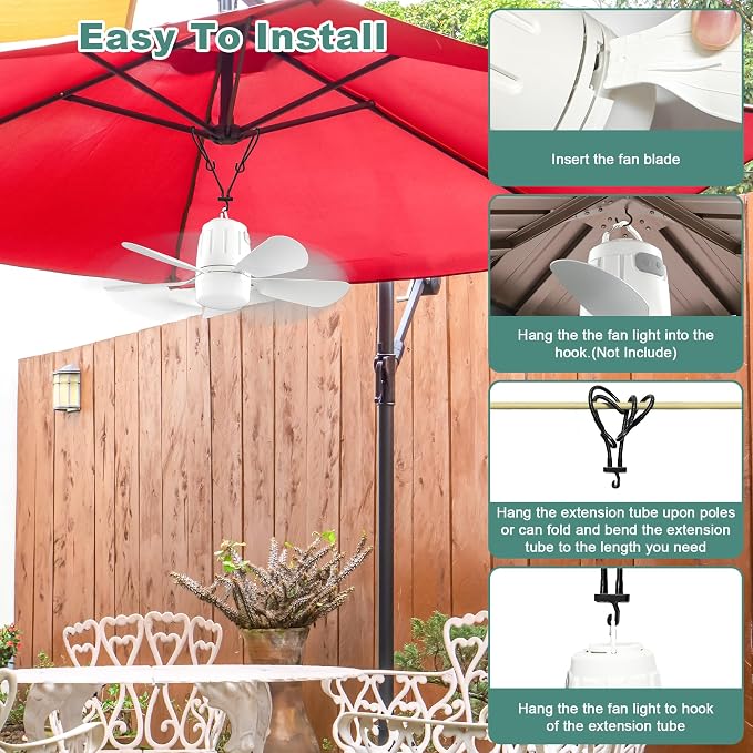Canopy Fan 20.5'', 20000mAh Portable Outdoor Ceiling Fan with Light with Remote Control and Extension Hook, Easy Operation Battery Powered Fan Light for Gazebo, Tent , Patio, Camping (20.5 inch)