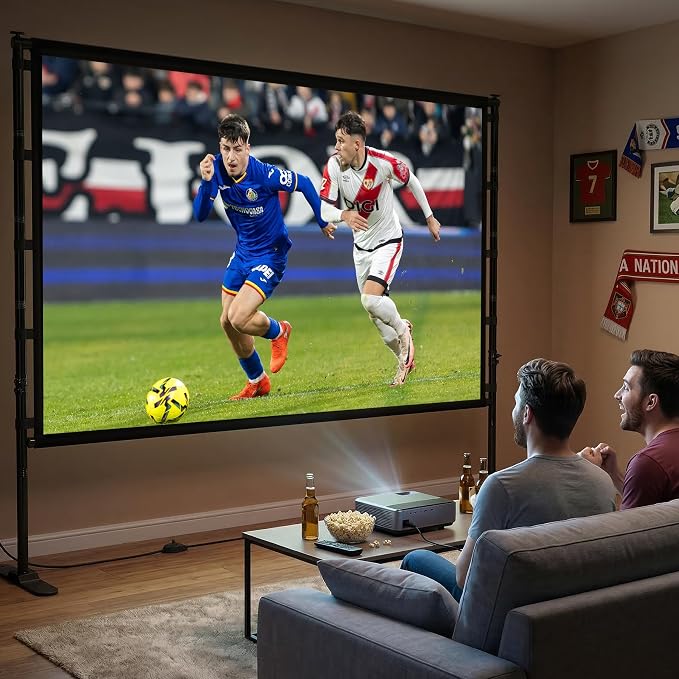 Outdoor Projector Screen with Stand 120 Inch, 16:9 Portable 4K HD Indoor Movie Screen, Large Double-Sided Washable Screen with Carry Bag, Sandbags for Backyard, Camping, Home Theater