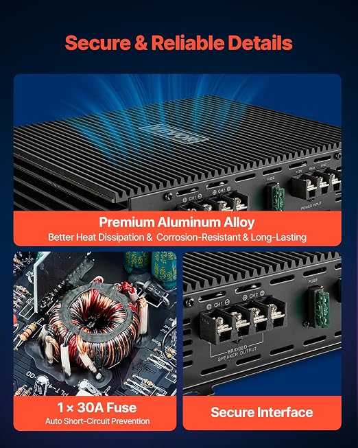 VEVOR 2 Channel Car Audio Amplifier 2 Ohm Stable Bridgeable Class A/B Full Range Stereo Amp Max Power 2 x 300W @ 4 Ohm / 2 x 600W @ 2 Ohm for Car SUV Truck Off-Road