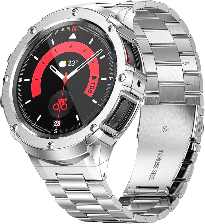SUPLINK Stainless Steel Case and Bands Compatible with Samsung Galaxy Watch 5 Band/ 4 Bands 44mm, Metal Adjustable Strap Protective Bumper for Samsung Watch 4 5 Band Men, Silver