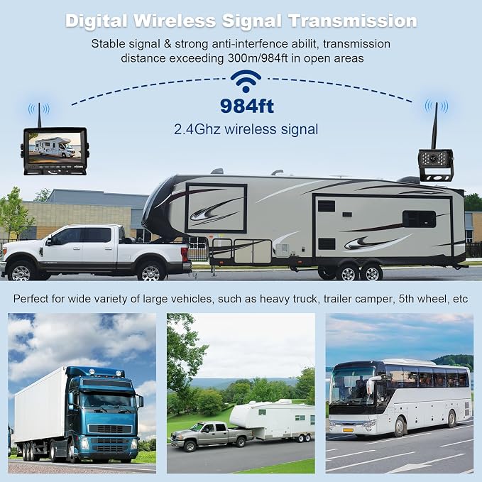 VTimes Wireless Backup Camera for Trucks, RV Backup Camera with 7" HD Monitor, 4 Channels Split Screen, BSD Alert, 984ft Signal Range, IP69K Waterproof IR Night Vision Wide Angle, DIY Guide Lines