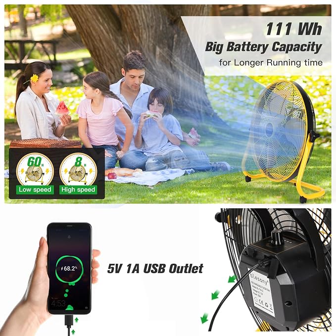 blessny 18'' Portable Rechargeable Floor Fan for Home Patio Camping Gym RV Greenhouse, Max 60 Hours Long Running Time