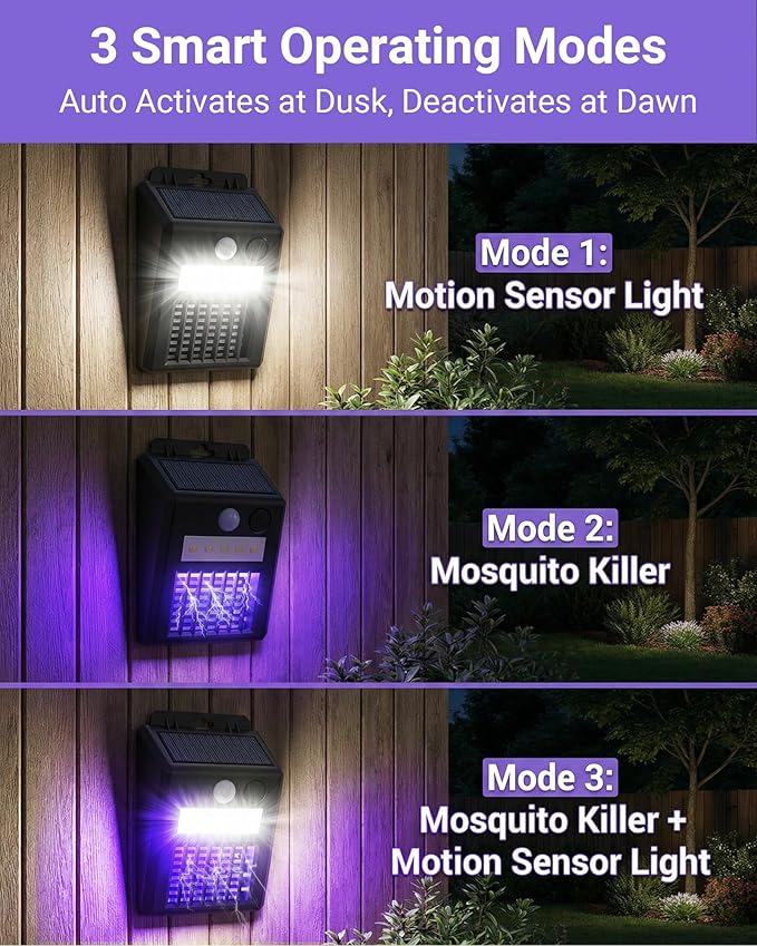 Solar Bug Zapper Outdoor - 2-in-1 Waterproof Cordless Mosquito Zapper with 3 Modes, Motion Sensor Light & UV Light, Rechargeable Mosquito Killer Lamp for Patio Yard Garden (Black)