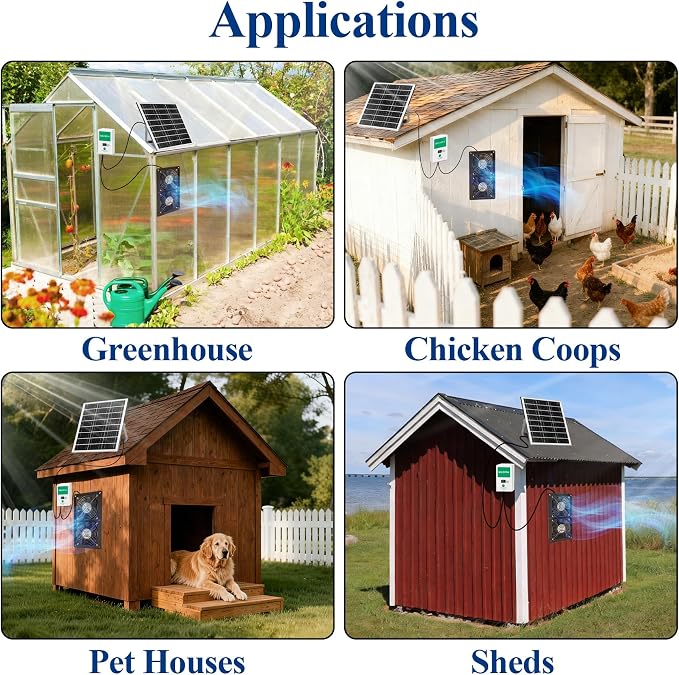 Solar Exhaust Fan, 25W Solar Panel and Solar Powered 2-Fan with 7500mAh Battery, IP68 Waterproof, for Chicken Coop, Shed, Greenhouse, Dog House, 2 Pcs Ventilation Vent Fan, with Bracket for Shed