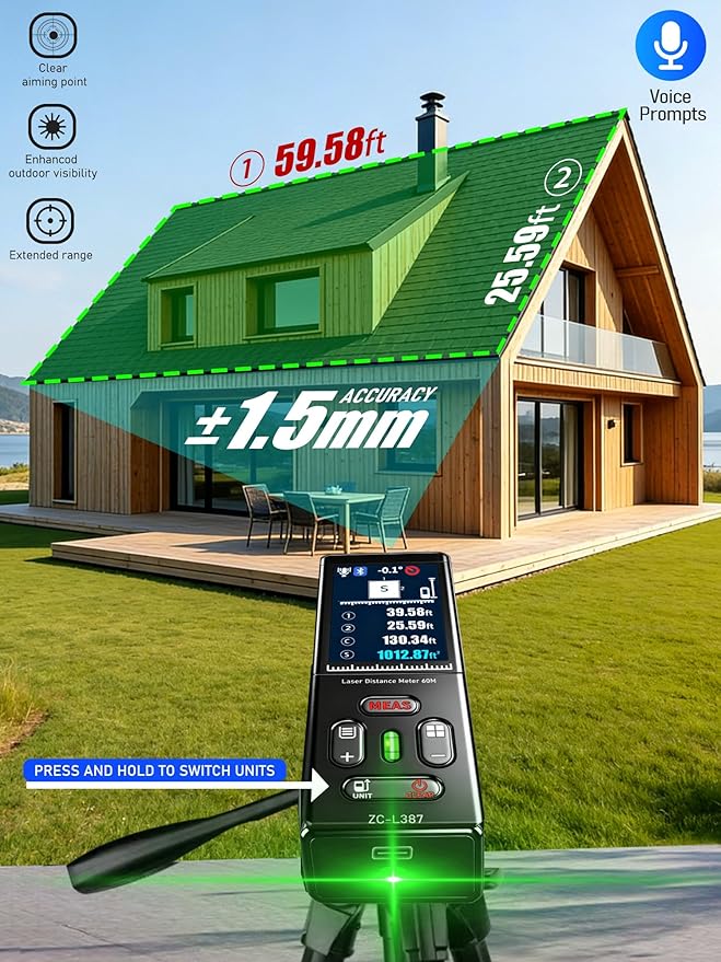ZC-L387 Laser Measurement Tool 196Ft/60m Green Laser Distance Meter with Horizontal Crosshair,Backlit LCD Screen and Voice Prompt Length/Area/Volume (M/FT/Inch) Home/Indoor-Outdoor Professional