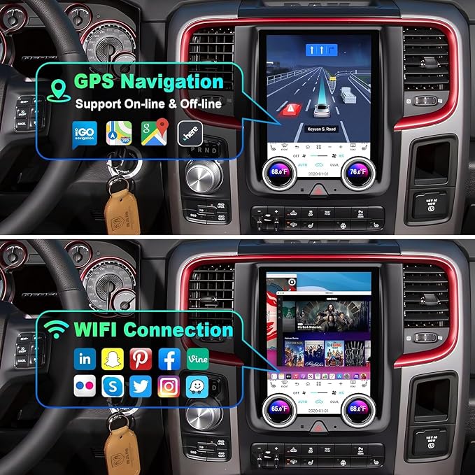 for Dodge Ram 1500/2500/3500 Auto AC Android 13 Car Radio 8-core, 10.4 Inch IPS Touch Screen Car Stereo with Wireless Carplay/Android Auto,GPS, WiFi, Bluetooth, FM, DVR