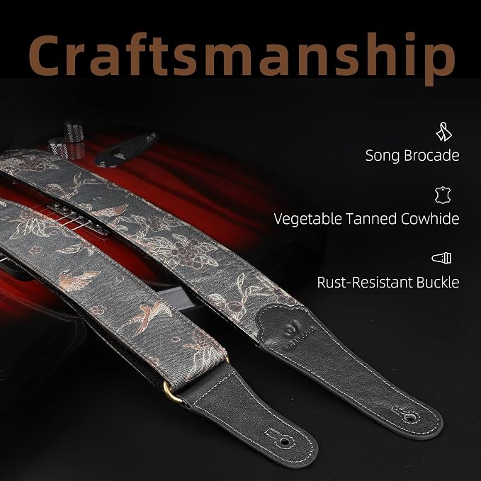 Guitar Strap, Electric& Acoustic Bass Guitar Straps,Embroidered Filament with Head Cowhide Leather Strap, with Free Strap Button,2 Guitar Strap Locks，4Guitar Pick (Flowers and Birds)