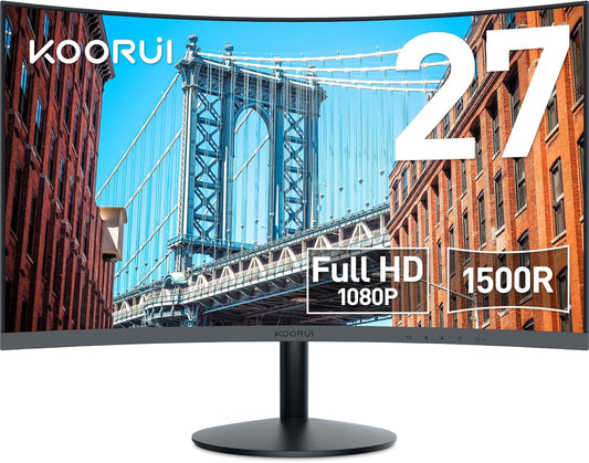 KOORUI 27 Inch Curved Monitor FHD 1080P Display, 75Hz PC Screen, Computer Monitor with HDMI VGA,Tilt Adjustable,1500R, Flick-Free Eye Care