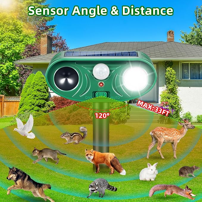 2026 Solar Ultrasonic Animal Repellent IP65 Waterproof Deer Repellent Devices Motion Activated Cat Deterrent Outdoor with Flash Light to Keep Squirrel Rabbit Raccoon Out of Garden & Yard, 4 Pack