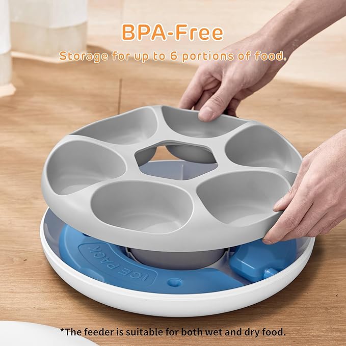 iPettie Donut Frost 6 Meal Cordless Automatic Pet Feeder, Dry & Wet Food Automatic Cat Feeder with Two Ice Packs, Rechargeable Massive Battery, Programmable Timer, Classic White