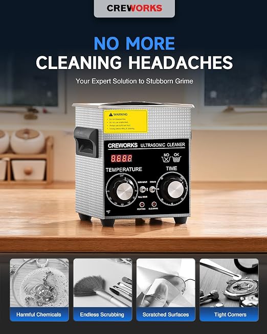 CREWORKS 2L Ultrasonic Cleaner with Degas & Gentle Modes, 60W Stainless Steel Ultrasonic Cleaner Machine with Heater and Timer, Ultrasonic Parts Cleaner with Knob Control for Jewelry Glasses Watch