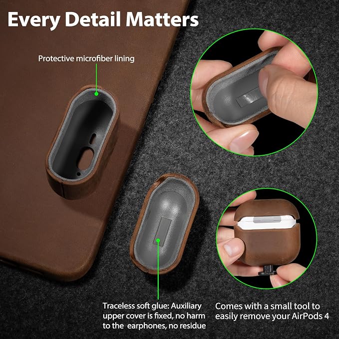 Belemay Handcrafted Crazy Horse Leather Case for AirPods 4 (2024), Vintage Aesthetic, Two-Tone Effect, Unique Patina, Compatible with MagSafe, Compatible with Airpods 4th Gen, Rustic Brown