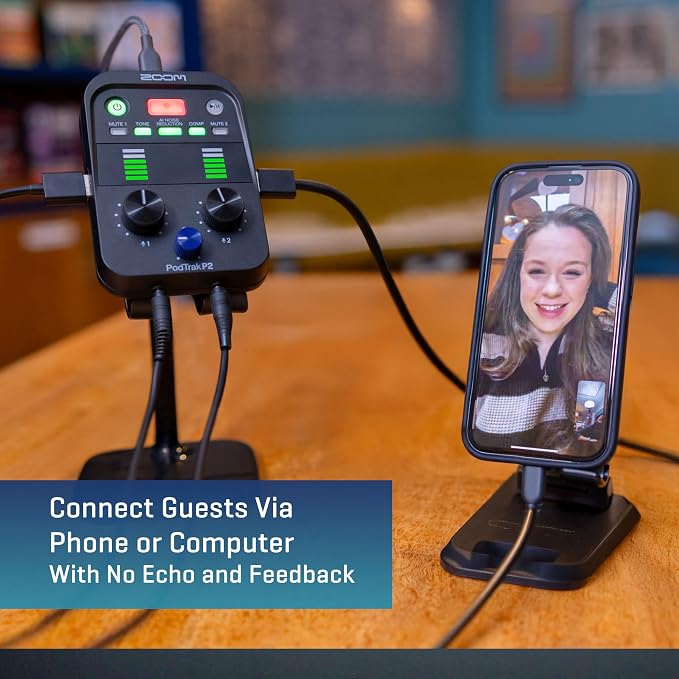 Zoom PodTrak P2 Podcast Recorder, 2 USB Mic Inputs, 2 Headphone Outputs, AI Noise Reduction, Tone & COMP Effects, Remote Guest Recording, SD Card, Battery/USB-C Powered
