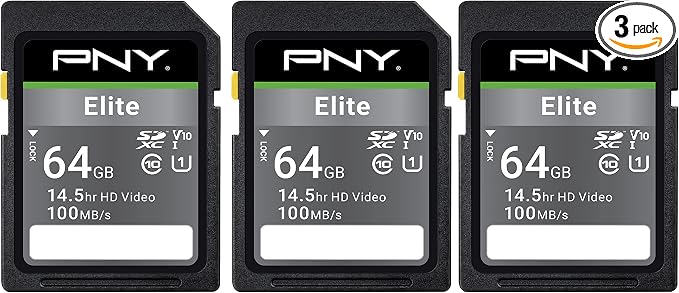 PNY 64GB Elite Class 10 U1 V10 SDXC Flash Memory Card - 100MB/s Read, Class 10, U1, V10, Full HD, UHS-I, Full Size SD (P-SD64GX3U1100EL-MP) (Pack of 3)