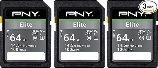 PNY 64GB Elite Class 10 U1 V10 SDXC Flash Memory Card - 100MB/s Read, Class 10, U1, V10, Full HD, UHS-I, Full Size SD (P-SD64GX3U1100EL-MP) (Pack of 3)