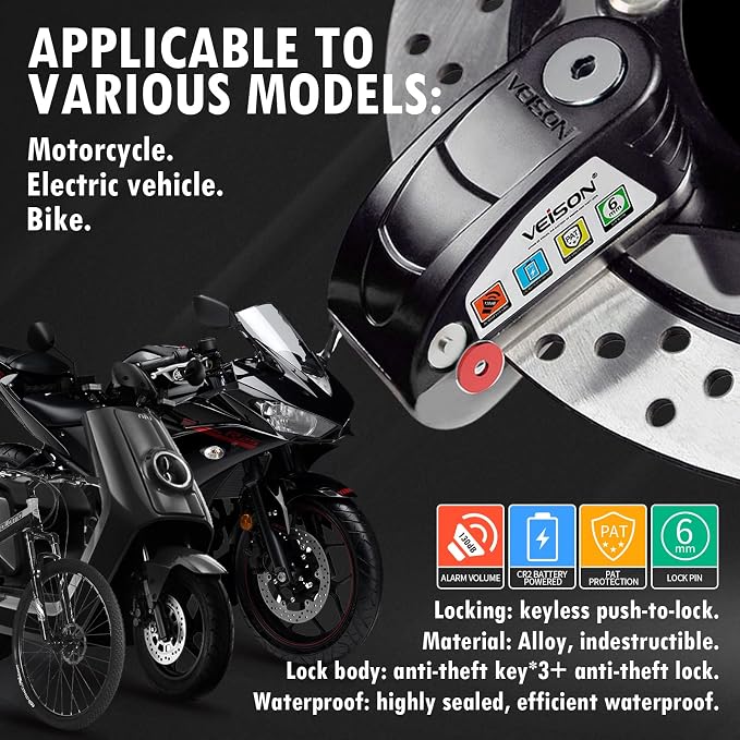 Motorcycle Locks Anti Theft Alarm System 130 db,Disc Lock Wheel Lock Heavy Duty aAnti Theft,Security Uncuttable Lock,Apply to Ebike Moped Mountain Moped Dirtbike,Motorcycle Accessories for Men