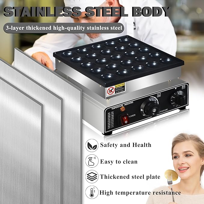 110V US Commercial 25PCS Mini Pancake Maker,950W Mini Dutch Pancake Maker,Non-stick,Dutch Poffertjes Grill,Stainless Steel,Breakfast,Snacks,Desserts.