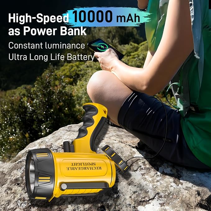 2026 New 3000,000 Lumen Super Bright Spotlight,10000mAh Rechargeable Flashlight Handheld Spotlight,Spot Light Outdoor Runtime 72+ Hrs,Flashlight Searchlight Flood Camping Hunting Boating with Tripod